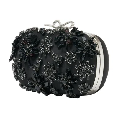 Self-portrait Crystal-embellished Floral Satin Clutch In Black