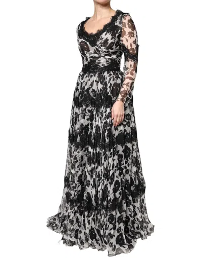 Pre-owned Dolce & Gabbana Black Silk Floral Lace Ricamo Ball Maxi Women's Dress () In Multi