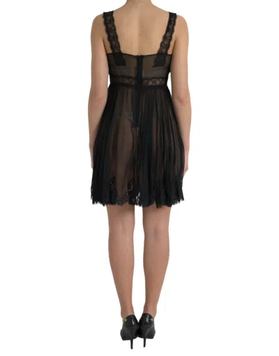 Dolce & Gabbana Black Silk Pleated Lace Chiffon Mini Women's Dress In Black