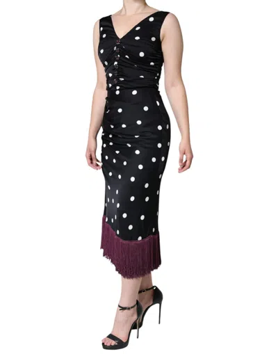 Pre-owned Dolce & Gabbana Black Silk Polka Dot Vneck Tassel Midi Women's Dress ()