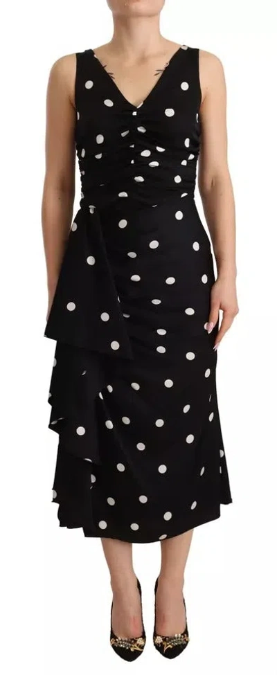 Pre-owned Dolce & Gabbana Black Silk Polka Dots V-neck Sheath Midi Women's Dress ()