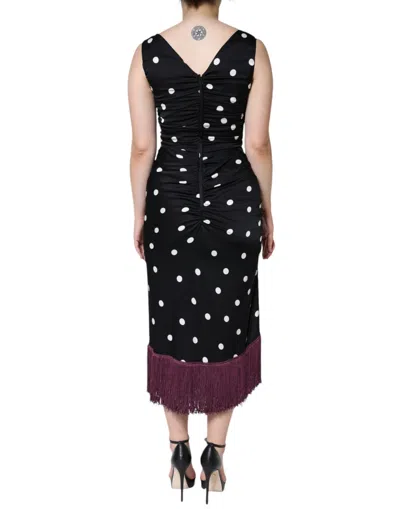 Pre-owned Dolce & Gabbana Black Silk Polka Dot Vneck Tassel Midi Women's Dress ()
