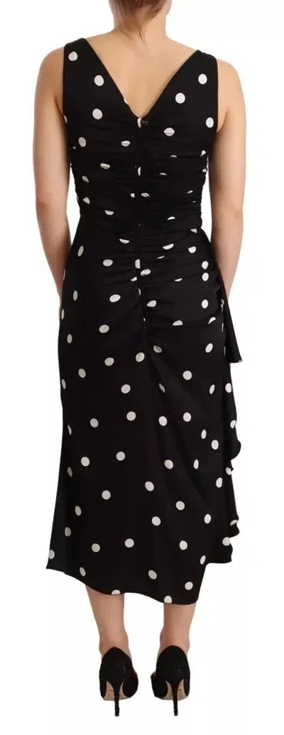 Pre-owned Dolce & Gabbana Black Silk Polka Dots V-neck Sheath Midi Women's Dress ()