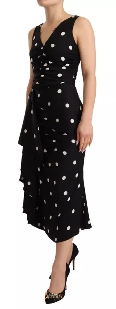 Pre-owned Dolce & Gabbana Black Silk Polka Dots V-neck Sheath Midi Women's Dress ()