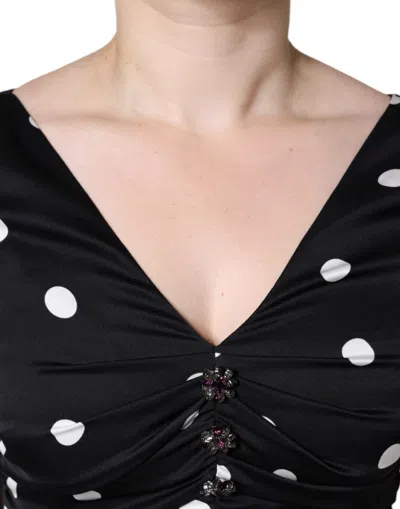 Pre-owned Dolce & Gabbana Black Silk Polka Dot Vneck Tassel Midi Women's Dress ()