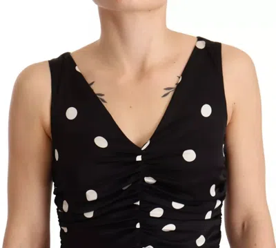 Pre-owned Dolce & Gabbana Black Silk Polka Dots V-neck Sheath Midi Women's Dress ()