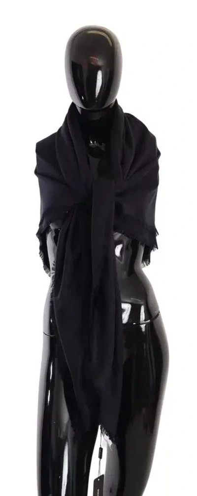 Pre-owned Dolce & Gabbana Black Solid Silk Wool Fringe Wrap Women's Scarf ()