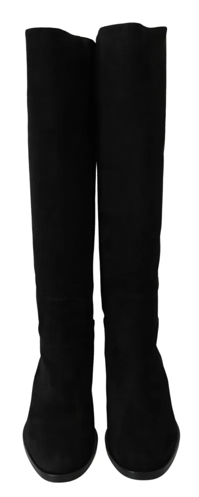 Dolce & Gabbana Black Suede Knee High Flat Boots Shoes