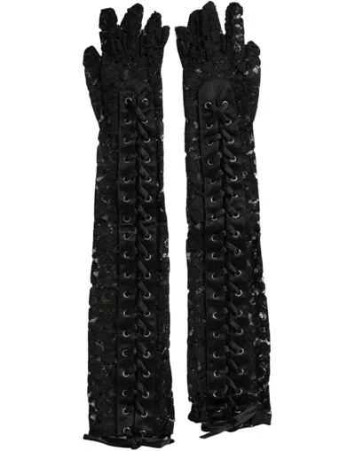 Dolce & Gabbana Black Taormina Lace Elbow Length Women's Gloves In Black
