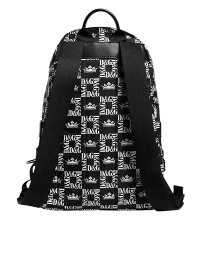 Pre-owned Dolce & Gabbana Black White Crown Printed Nylon School Backpack Men's Bag () In Multi