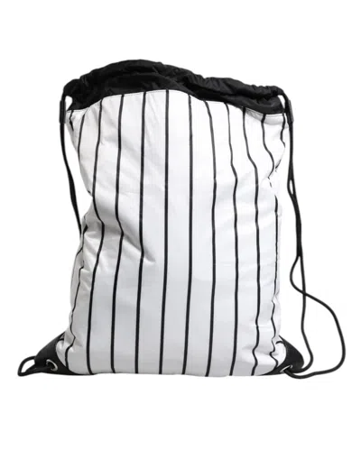 Pre-owned Dolce & Gabbana Black White Striped Polyester Drawstring Men's Bag () In Multi