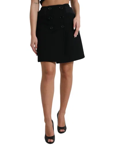 Dolce & Gabbana Black Wool Button High Waist Aline Mini Skirt In Black
