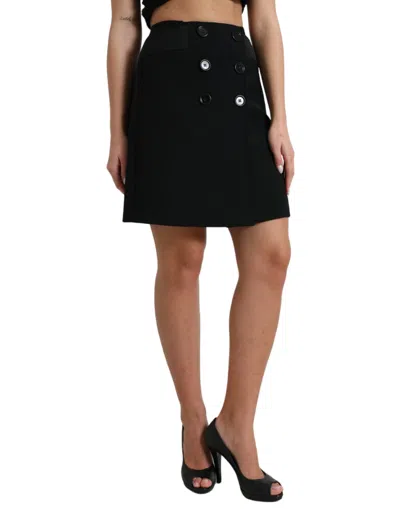 Dolce & Gabbana Black Wool Button High Waist Aline Mini Skirt In Black