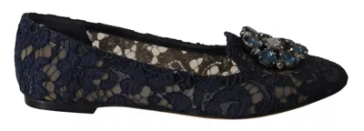 Pre-owned Dolce & Gabbana Blue Crystal Loafer Lace Ballet Flats Women's Shoes ()