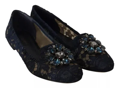 Pre-owned Dolce & Gabbana Blue Crystal Loafer Lace Ballet Flats Women's Shoes ()