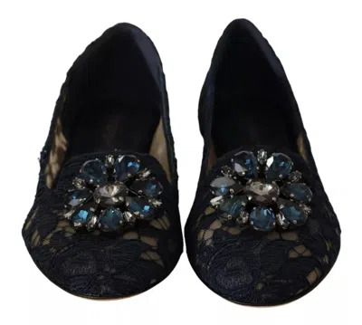 Pre-owned Dolce & Gabbana Blue Crystal Loafer Lace Ballet Flats Women's Shoes ()
