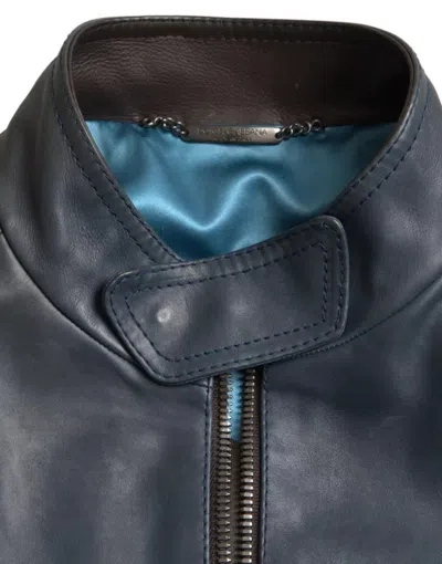 Pre-owned Dolce & Gabbana Blue Leather Full Zip Biker Blouson Men's Jacket ()