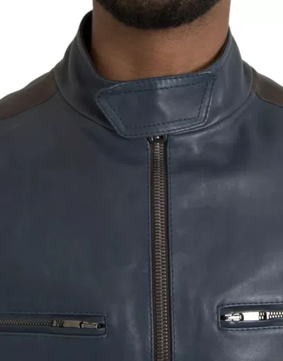 Pre-owned Dolce & Gabbana Blue Leather Full Zip Biker Blouson Men's Jacket ()