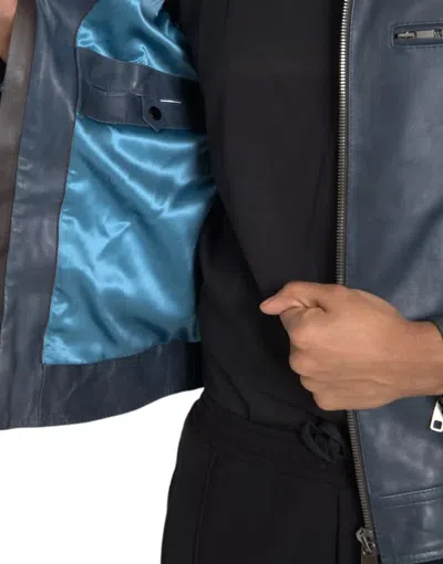 Pre-owned Dolce & Gabbana Blue Leather Full Zip Biker Blouson Men's Jacket ()