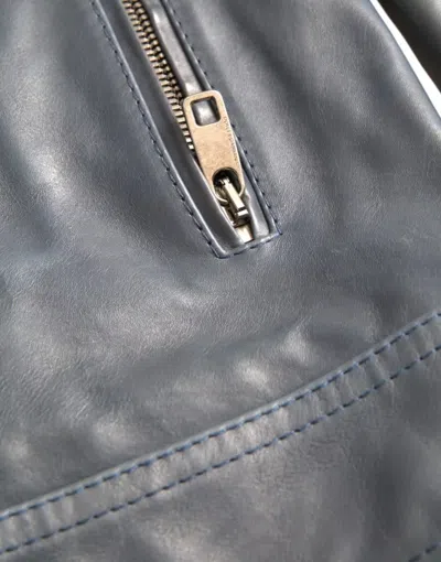 Pre-owned Dolce & Gabbana Blue Leather Full Zip Biker Blouson Men's Jacket ()