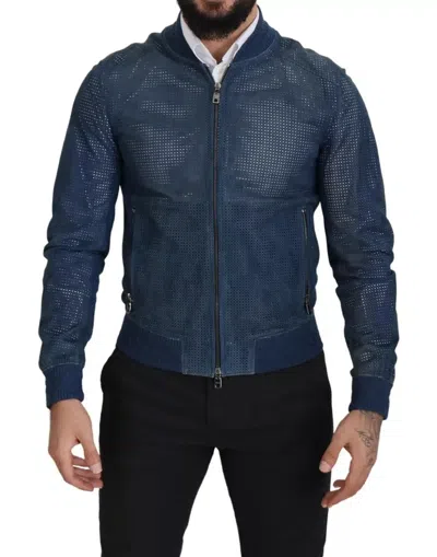 Pre-owned Dolce & Gabbana Blue Leather Perforated Full Zip Men's Jacket ()