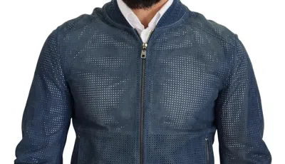 Pre-owned Dolce & Gabbana Blue Leather Perforated Full Zip Men's Jacket ()