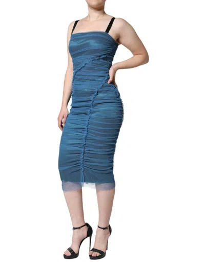 Pre-owned Dolce & Gabbana Blue Mesh Trim Ruched Tulle Sheath Women's Dress ()