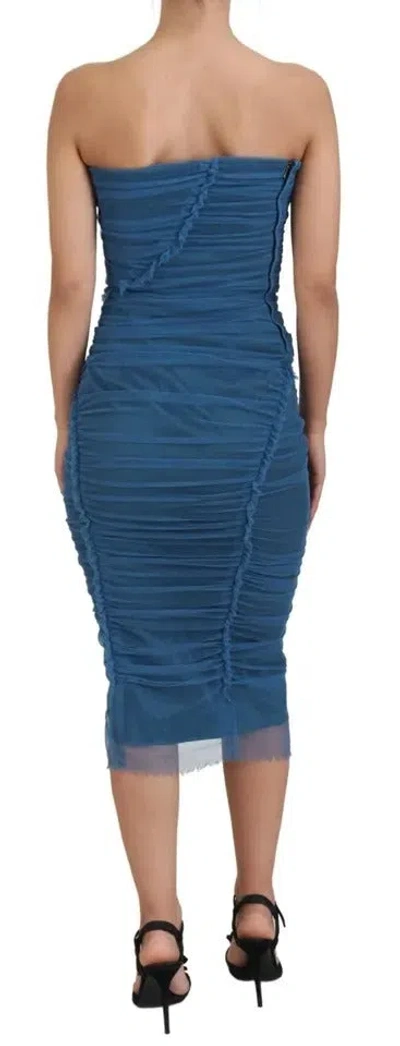 Pre-owned Dolce & Gabbana Blue Mesh Trim Ruched Tulle Sheath Women's Dress ()