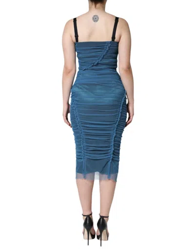 Pre-owned Dolce & Gabbana Blue Mesh Trim Ruched Tulle Sheath Women's Dress ()