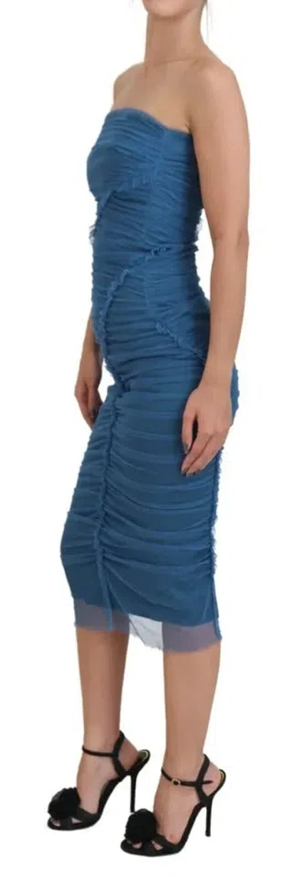 Pre-owned Dolce & Gabbana Blue Mesh Trim Ruched Tulle Sheath Women's Dress ()