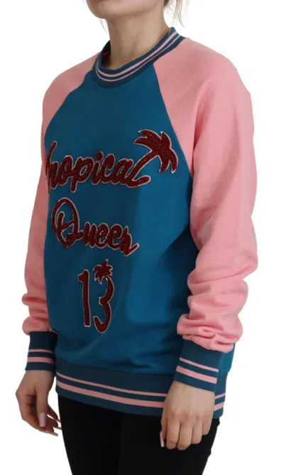 Dolce & Gabbana Blue Pink Queen Sequin Crystal Sweater In Blue