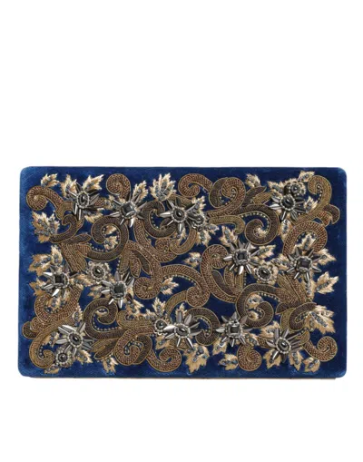 Dolce & Gabbana Blue Velvet Gold Frame Clutch Evening Party Purse Women's Bag In Blue