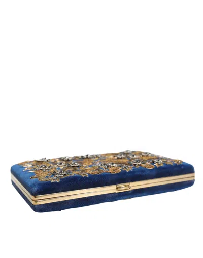 Dolce & Gabbana Blue Velvet Gold Frame Clutch Evening Party Purse Women's Bag In Blue