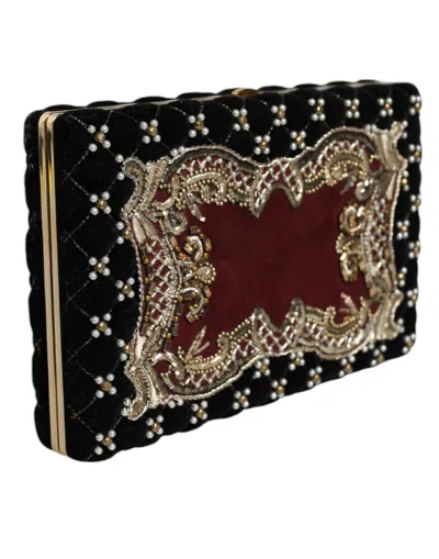 Pre-owned Dolce & Gabbana Bordeaux Black Velvet Gold Frame Clutch Evening Purse Women's Bag ()