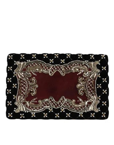 Pre-owned Dolce & Gabbana Bordeaux Black Velvet Gold Frame Clutch Evening Purse Women's Bag ()