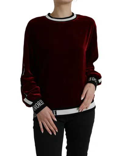 Dolce & Gabbana Bordeaux Velvet Round Neck Pullover Sweater In Red