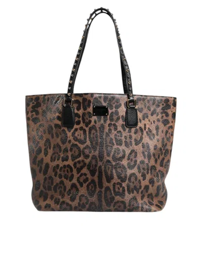 Pre-owned Dolce & Gabbana Brown Black Calfskin Leopard Print Shoulder Tote Women's Bag () In Multi