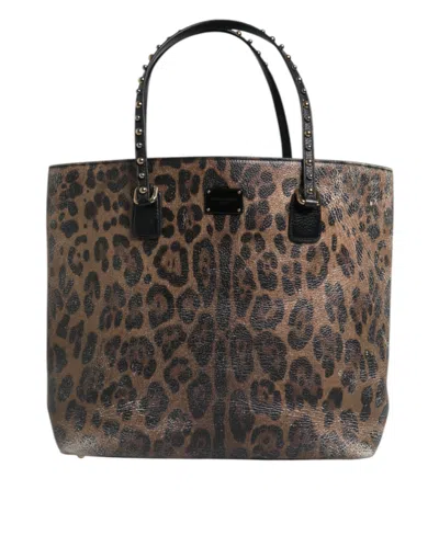 Pre-owned Dolce & Gabbana Brown Black Calfskin Leopard Print Shoulder Tote Women's Bag () In Multi