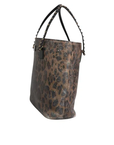 Pre-owned Dolce & Gabbana Brown Black Calfskin Leopard Print Shoulder Tote Women's Bag () In Multi