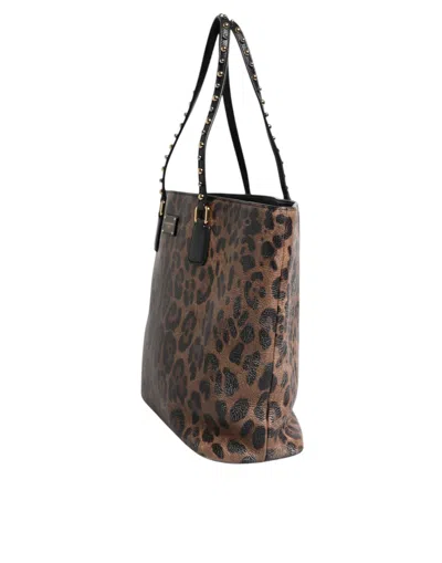 Pre-owned Dolce & Gabbana Brown Black Calfskin Leopard Print Shoulder Tote Women's Bag () In Multi