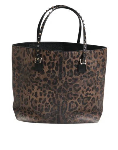 Pre-owned Dolce & Gabbana Brown Black Calfskin Leopard Print Shoulder Tote Women's Bag () In Multi