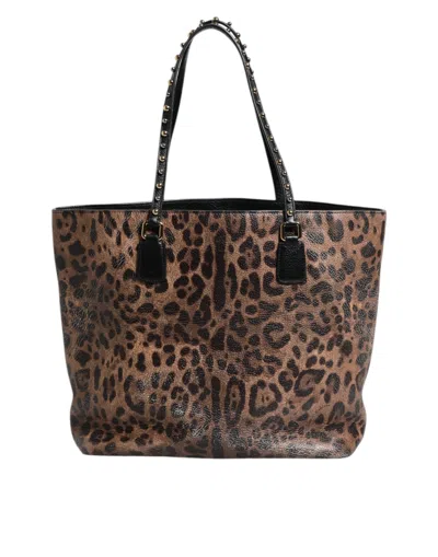 Pre-owned Dolce & Gabbana Brown Black Calfskin Leopard Print Shoulder Tote Women's Bag () In Multi