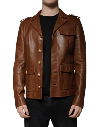 Pre-owned Dolce & Gabbana Brown Calfskin Leather Button Down Men's Jacket ()
