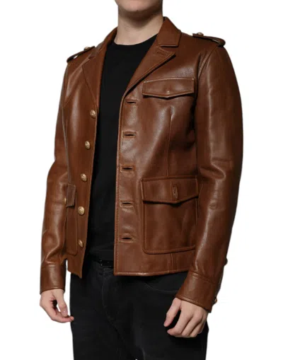 Pre-owned Dolce & Gabbana Brown Calfskin Leather Button Down Men's Jacket ()