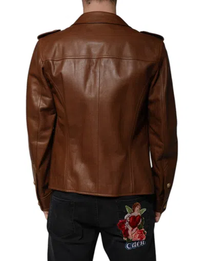 Pre-owned Dolce & Gabbana Brown Calfskin Leather Button Down Men's Jacket ()