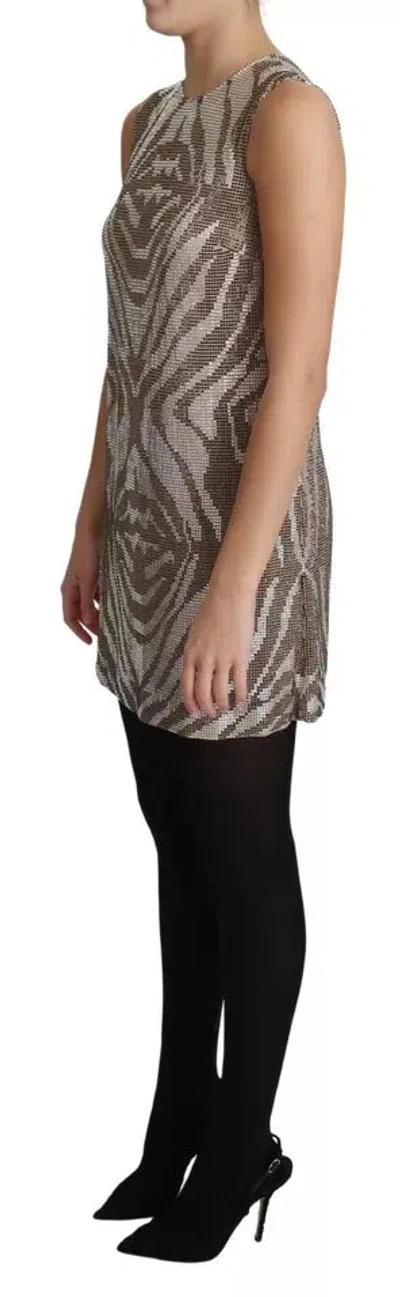 Pre-owned Dolce & Gabbana Brown Crystal Shift Mini Zebra Silver Women's Dress ()