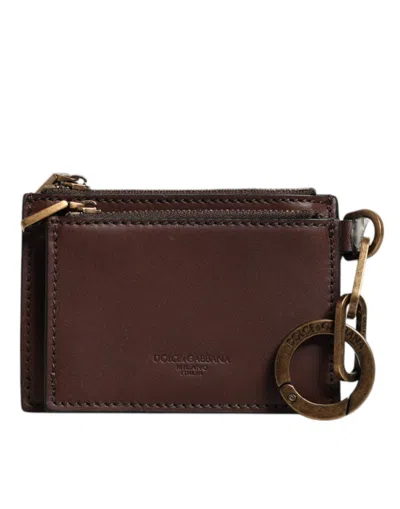 Pre-owned Dolce & Gabbana Brown Leather Zip Logo Keyring Coin Purse Keyring Men's Wallet ()