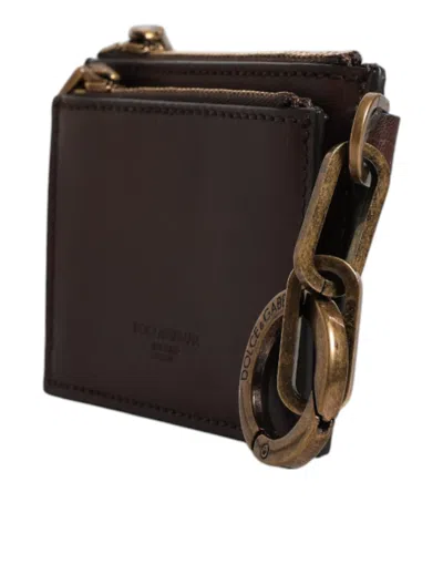 Pre-owned Dolce & Gabbana Brown Leather Zip Logo Keyring Coin Purse Keyring Men's Wallet ()
