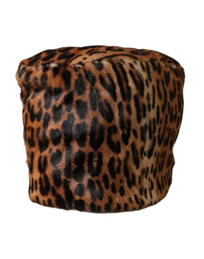 Dolce & Gabbana Brown Leopard Fur Women Bucket Women's Hat In Brown