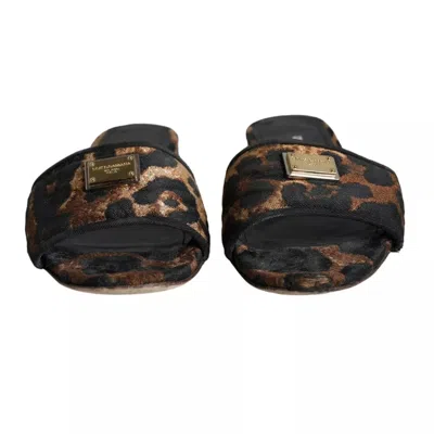 Pre-owned Dolce & Gabbana Brown Leopard Logo Slides Flats Sandals Women's Shoes ()